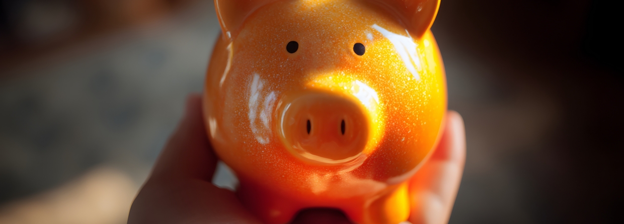 een rood oranje spaarvarken dat in een hand staat