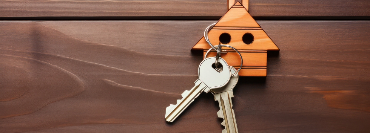 Afbeelding van een houten huisje met 2 sleutels