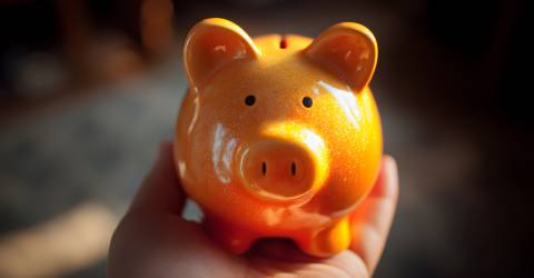 een rood oranje spaarvarken dat in een hand staat